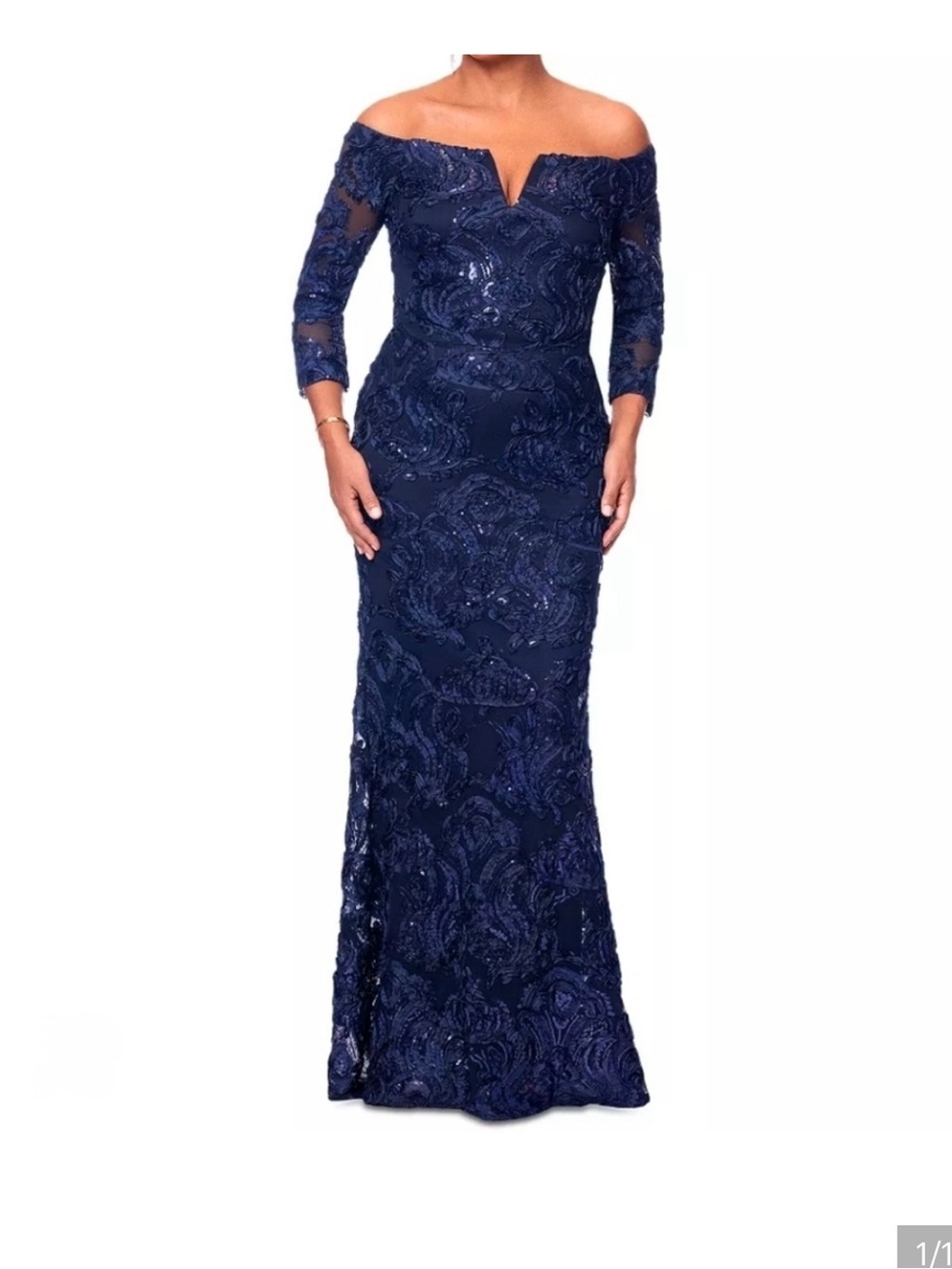 Xscape Navy Off-Shoulder Sequin Lace Gown